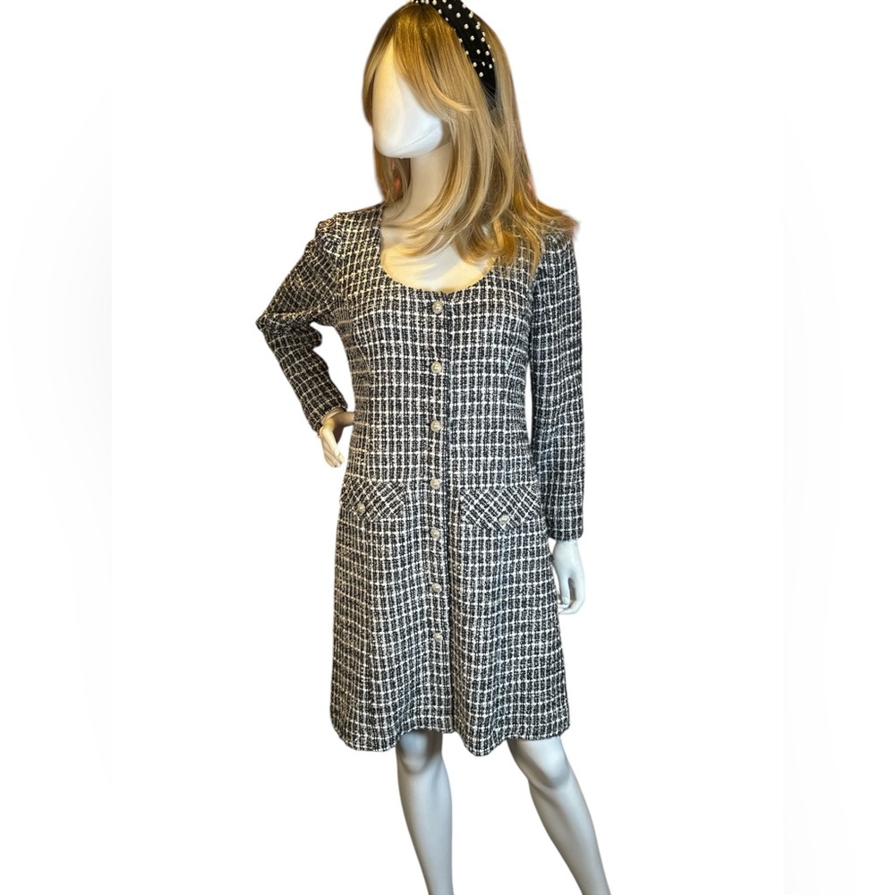 Taylor Black & White Tweed Long-Sleeve Button Front Dress - Picture 3 of 10